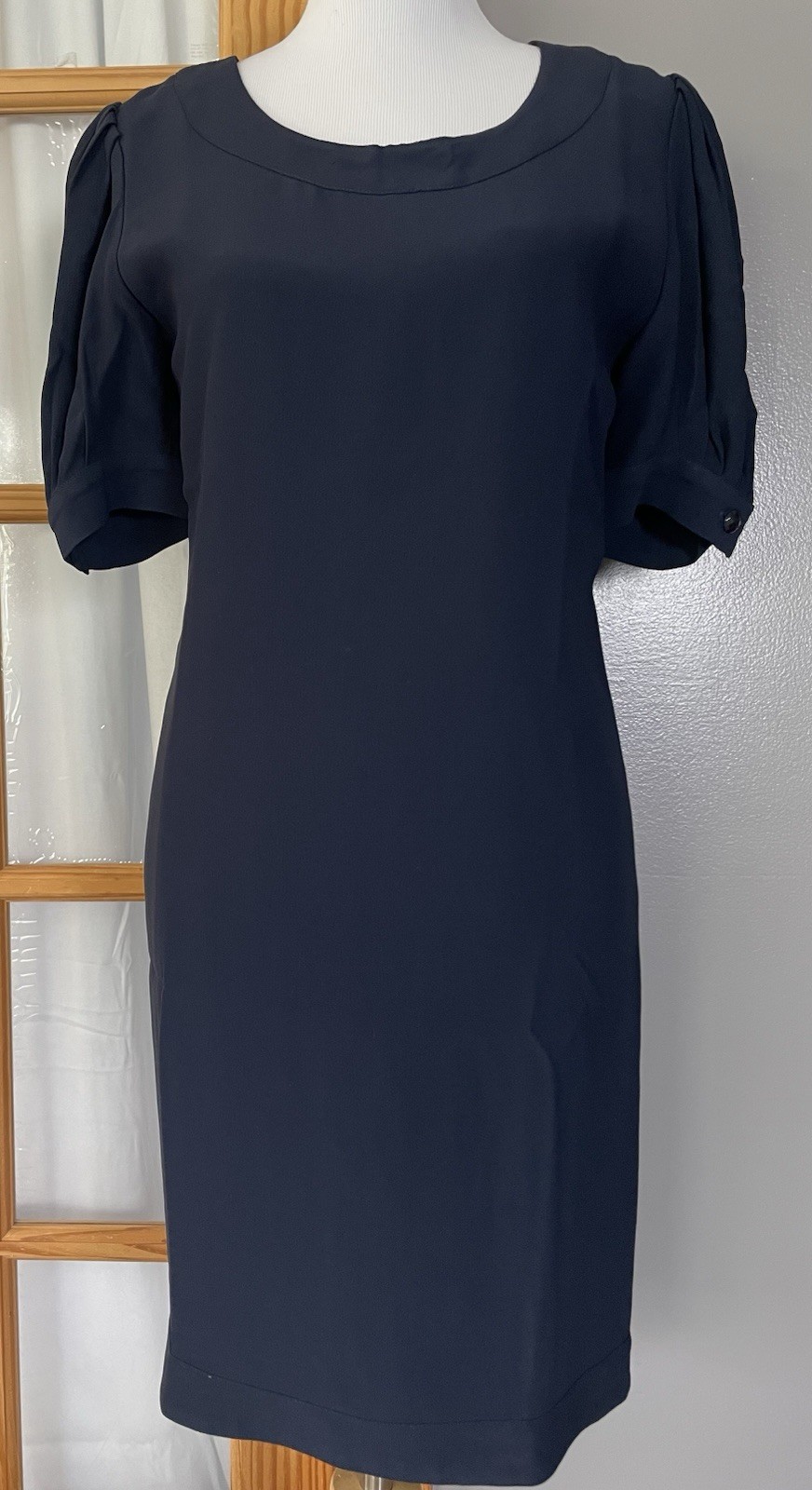 Vtg 80s Milano Navy Sheath Dress S/M Balloon Sleeve Classic Career Made In Italy