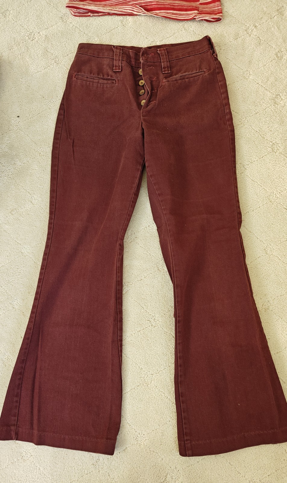 VTG 1970s Original Burgundy Five Button Fly Juniors Girls Bell Bottoms 26 X 28.5