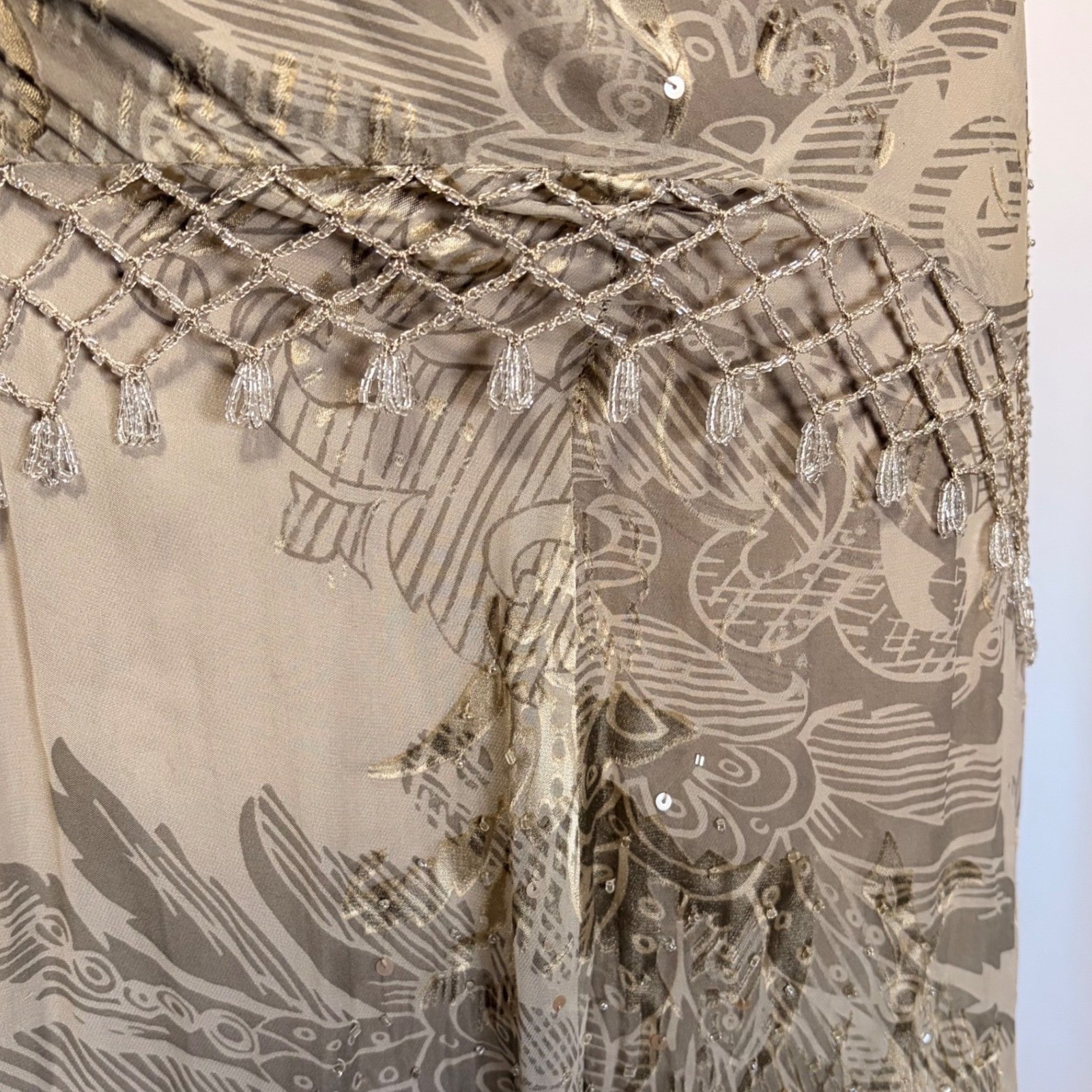 Alex Evenings Vintage Beige Floral Beaded gown with gorgeous fringe detailing