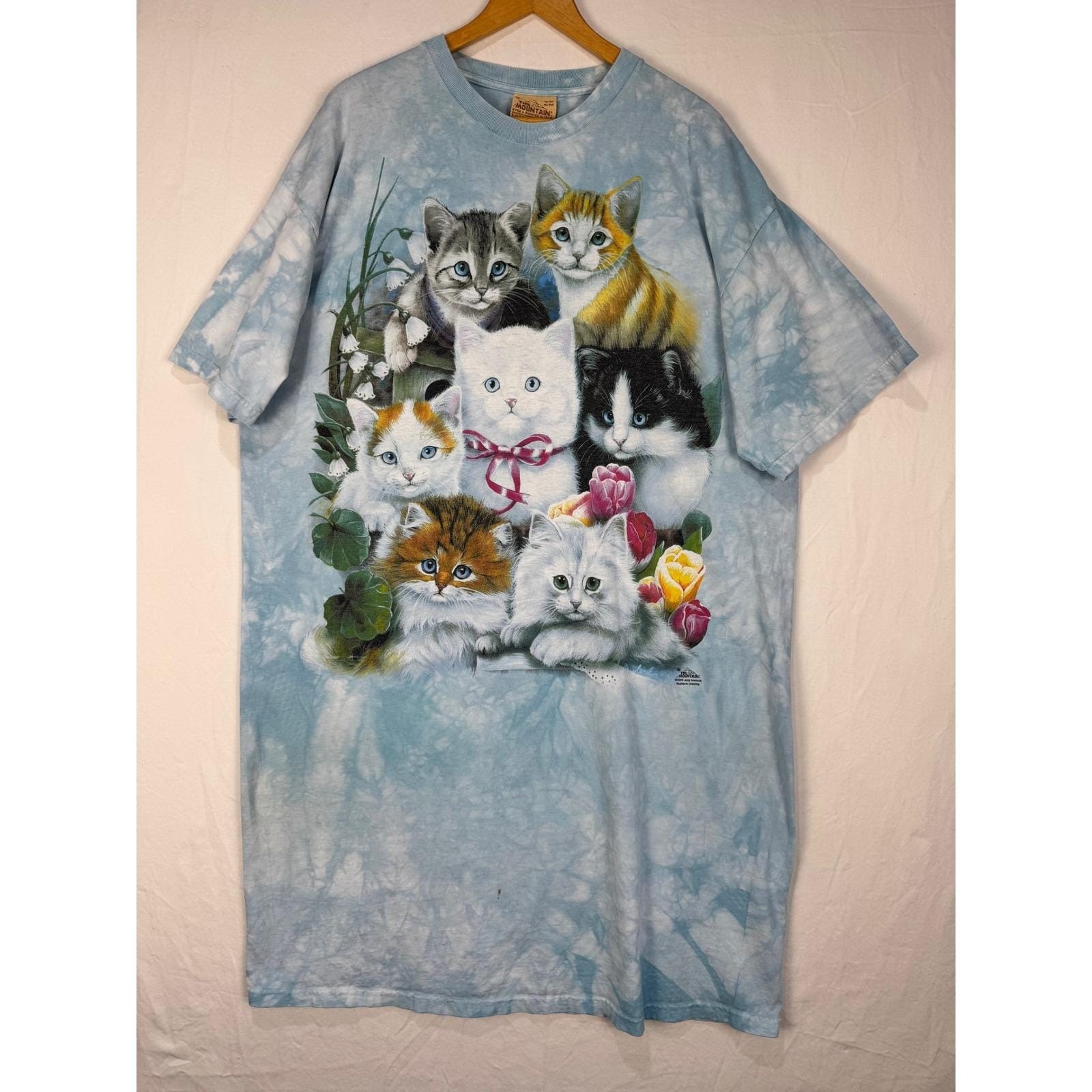 Vintage The Mountain Kitten Cat Tie Dye Tee Shirt dress Blue Y2K One Size OS AOP