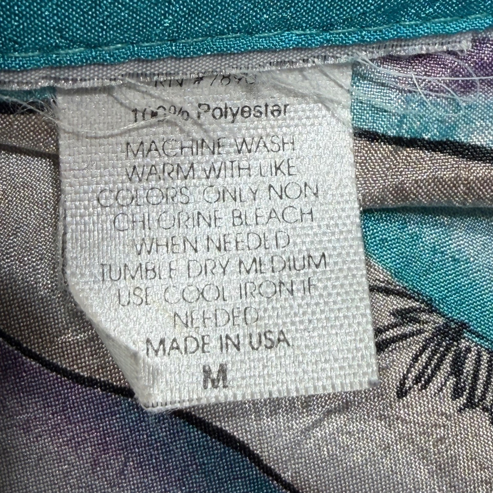Vintage 90s Abstract Wave Print Button Down Blouse Size M Teal Purple Polyester