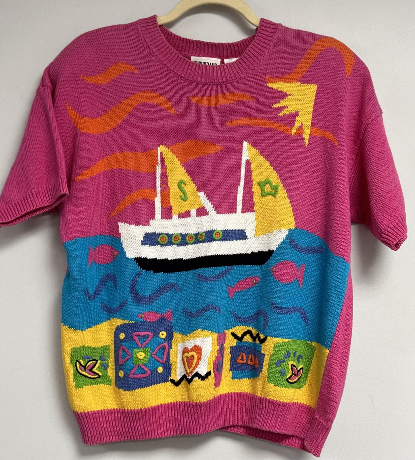 Vintage Suburbans Sweater Pink Size L Ocean Fish Sailboat Short Sleeve 1980’s