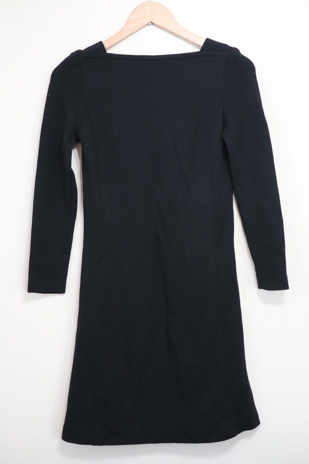 60s Vintage Black Knit Jersey Square Neck Long Sleeve Slim Shift Dress Women XS