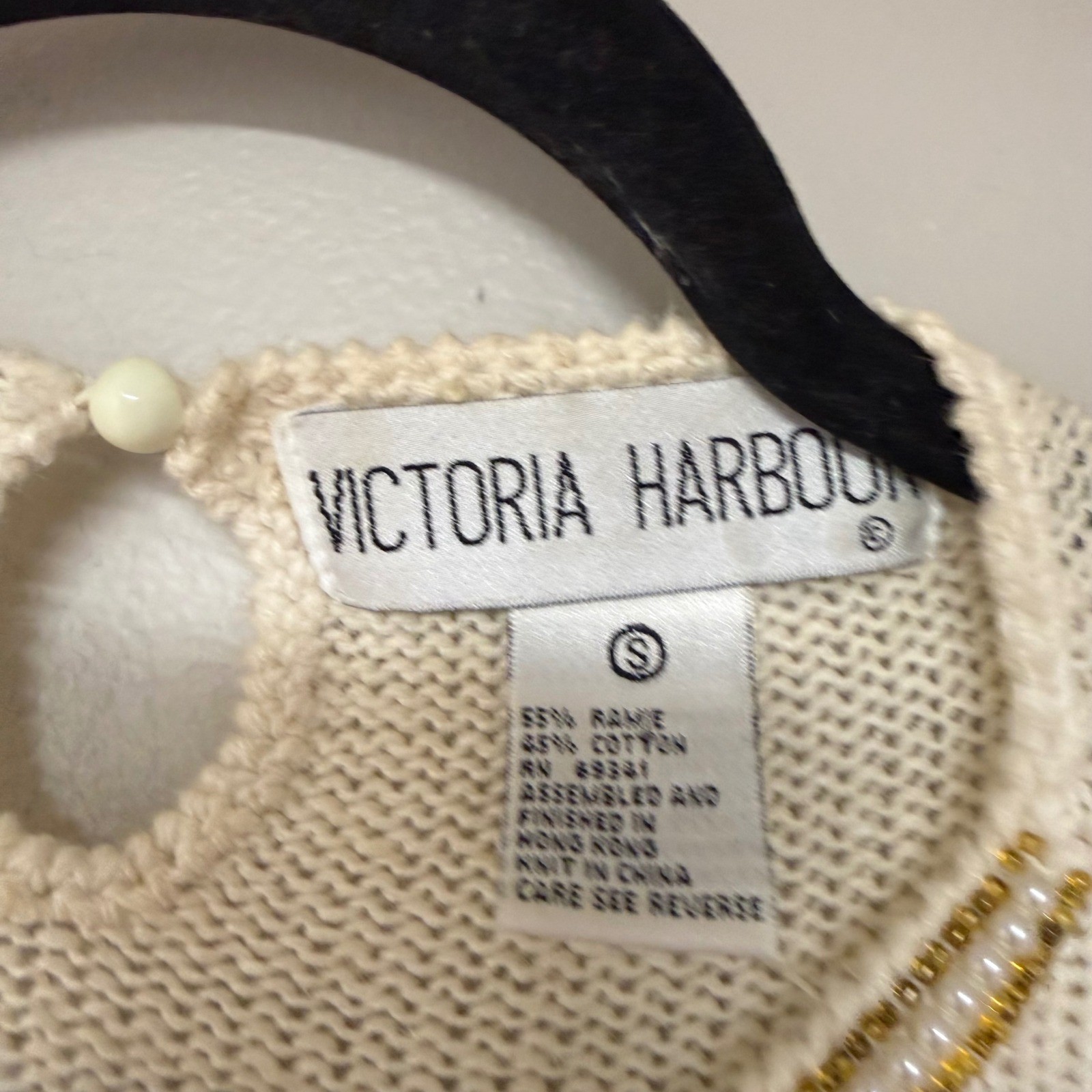 Victoria Harbour Vintage Beaded Sweater Cream Gold Pearl Ramie Cotton Small