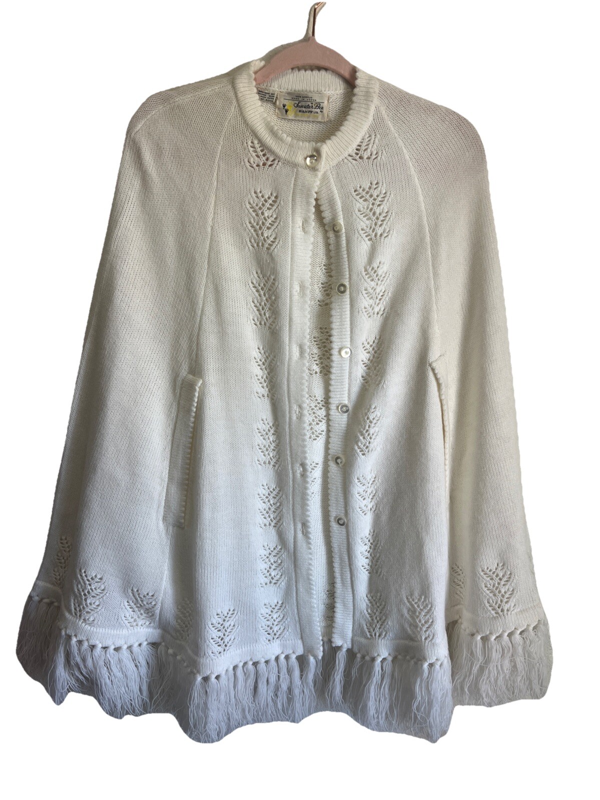 VTG White Ivory Sweater Bee by BANFF Ltd. Button Up Knit Cape Fringe BEAUTIFUL