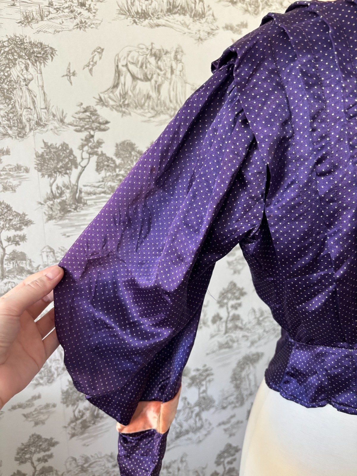 Rare Antique 1900s Edwardian Purple Silk Blouse Lace High Neck and Peach Velvet