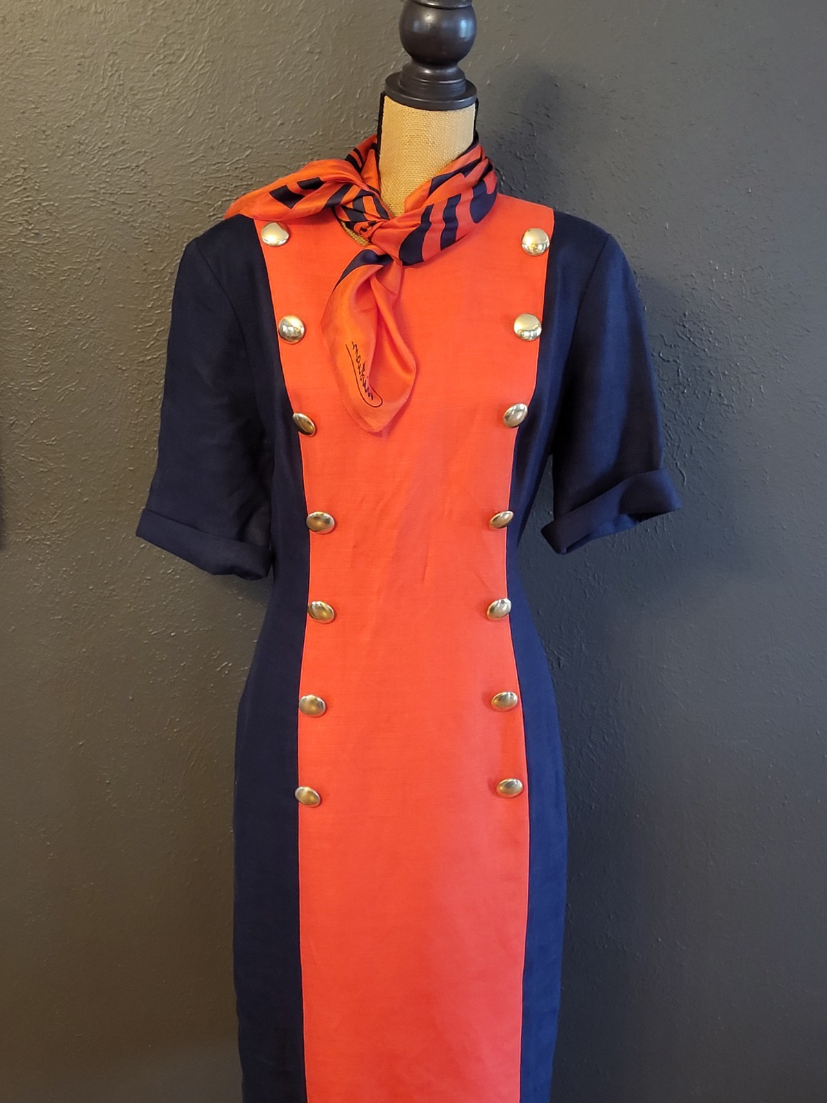 1980s Linen Colorblock Navy/Red Mid Length Dress Size 14