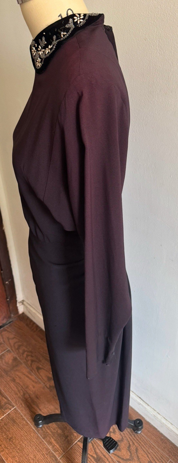 Vintage Dress Black/Purple Beaded Velvet Collar Button Zip Back SZ 10 Handmade?