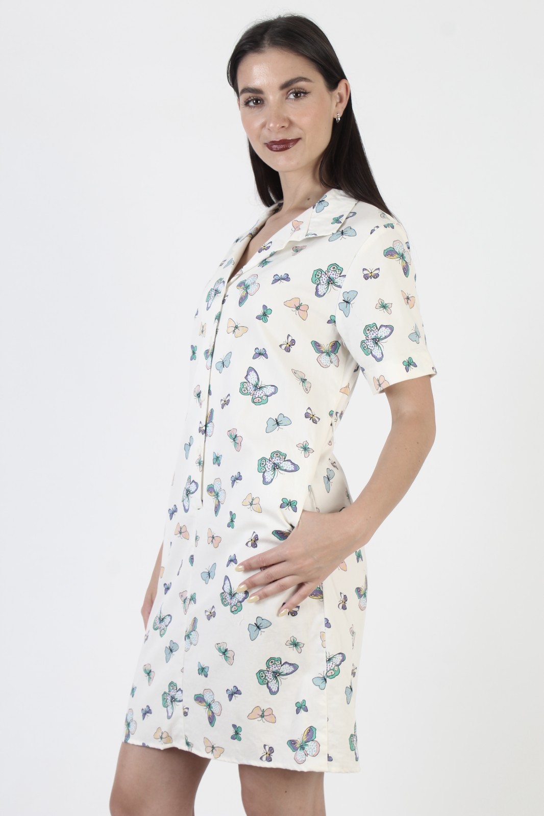 Vtg 70s White Butterfly Print Dress Cotton Shift Dagger Collar Mini House Frock