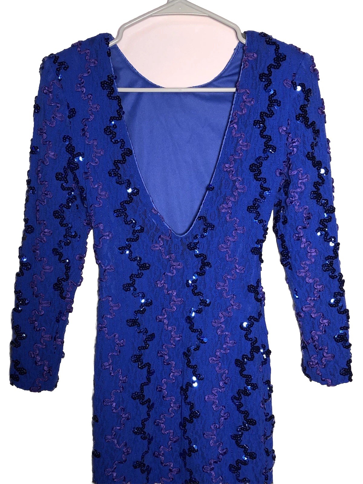 Vtg 90s Dress Blue Sequin Body Con Cocktail Evening Date Ribbon Lace Sequins S
