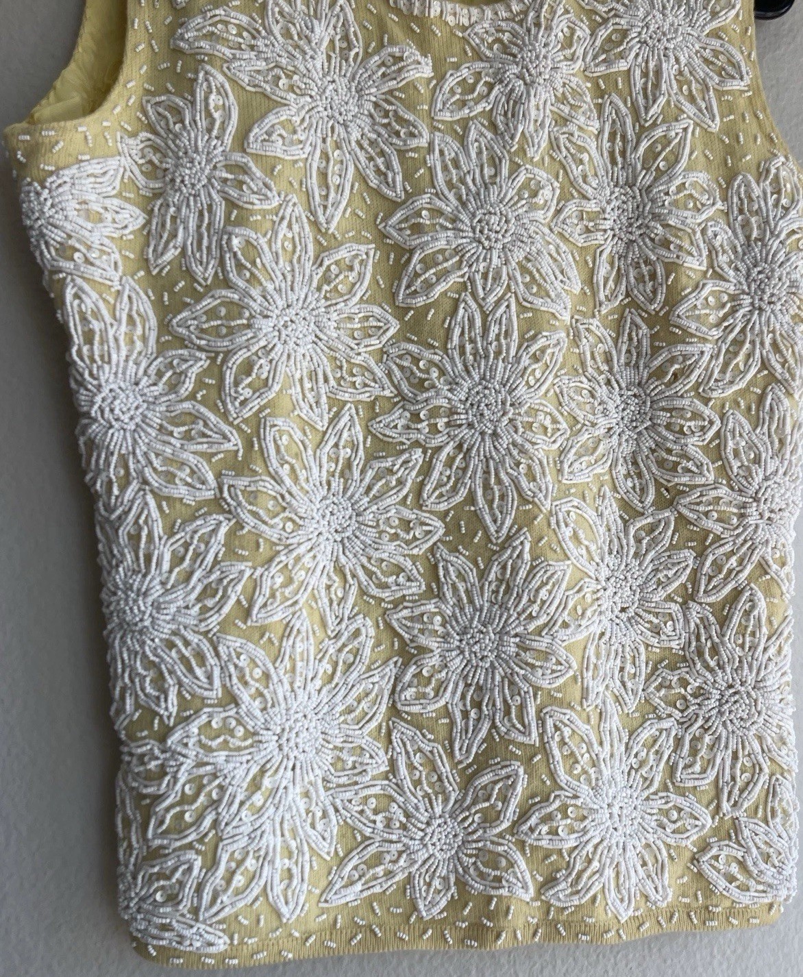 Cavanagh’s 1960s yellow pure wool shell top White Beaded