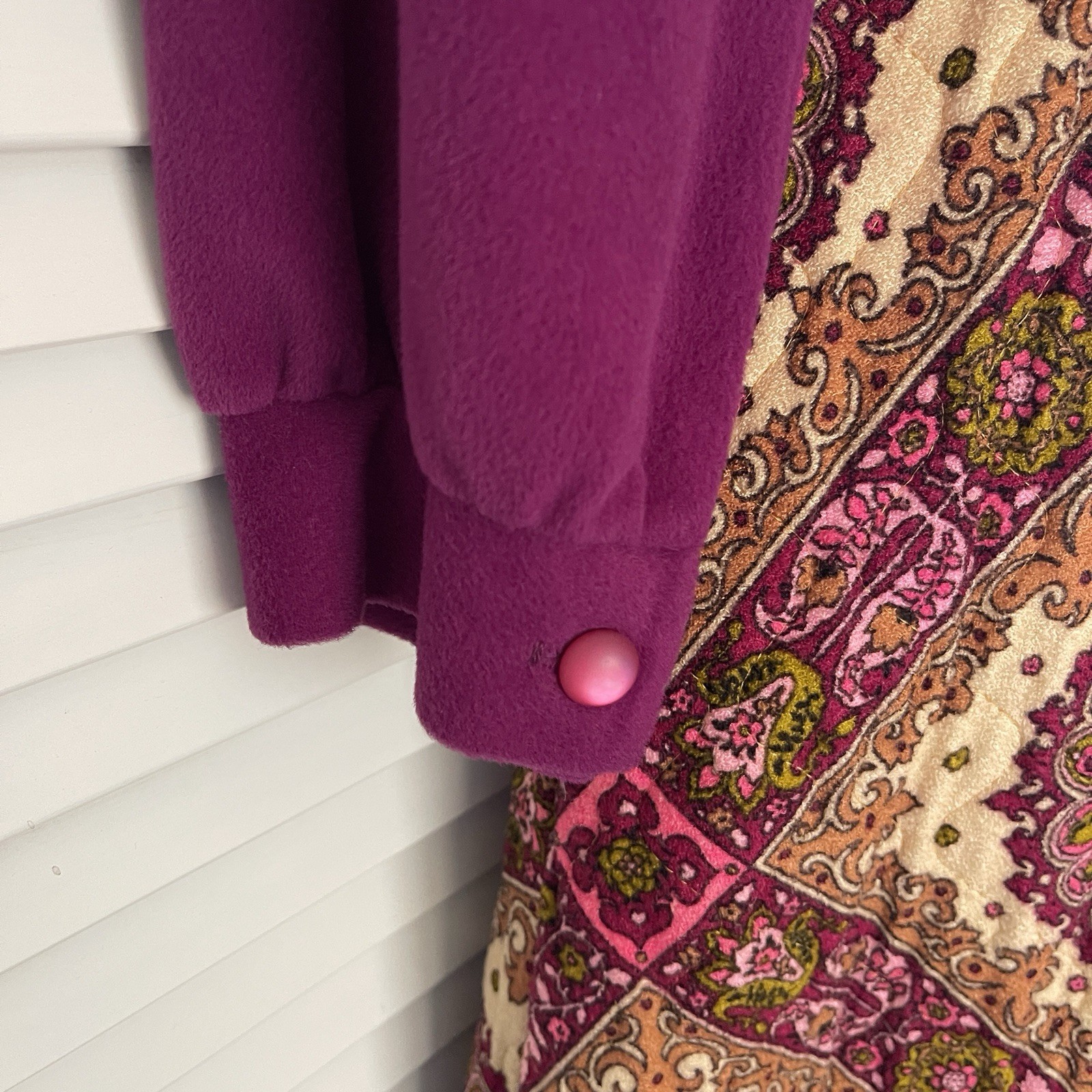 70s Maxi Dress Quilted Lounging Evelyn Pearson Fuchsia Velour L.Sleeve Sz 8 VTG