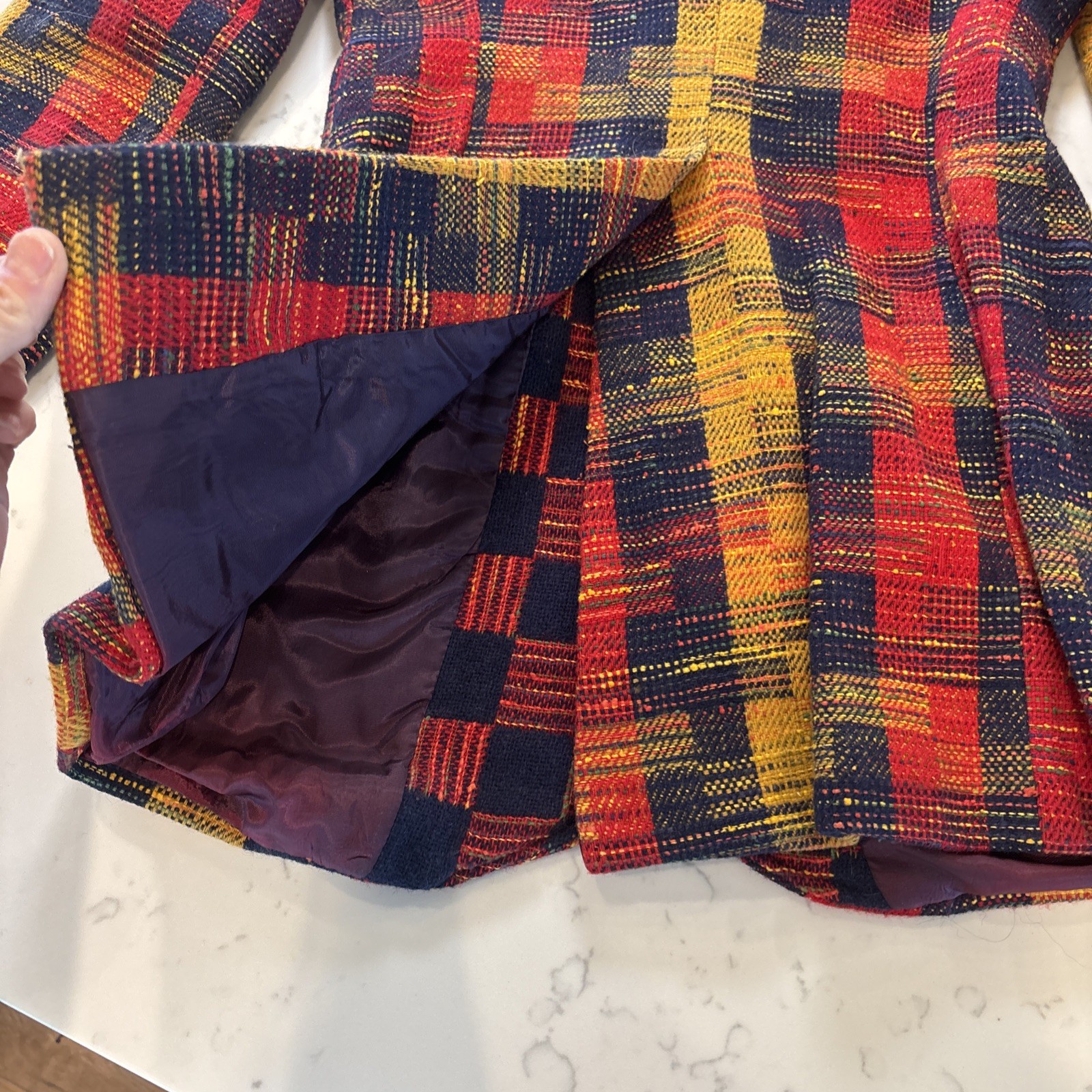 VTG 1970s Patchwork Plaid Wool Blazer Wide Lapels Retro Red Yellow Black Sz XS