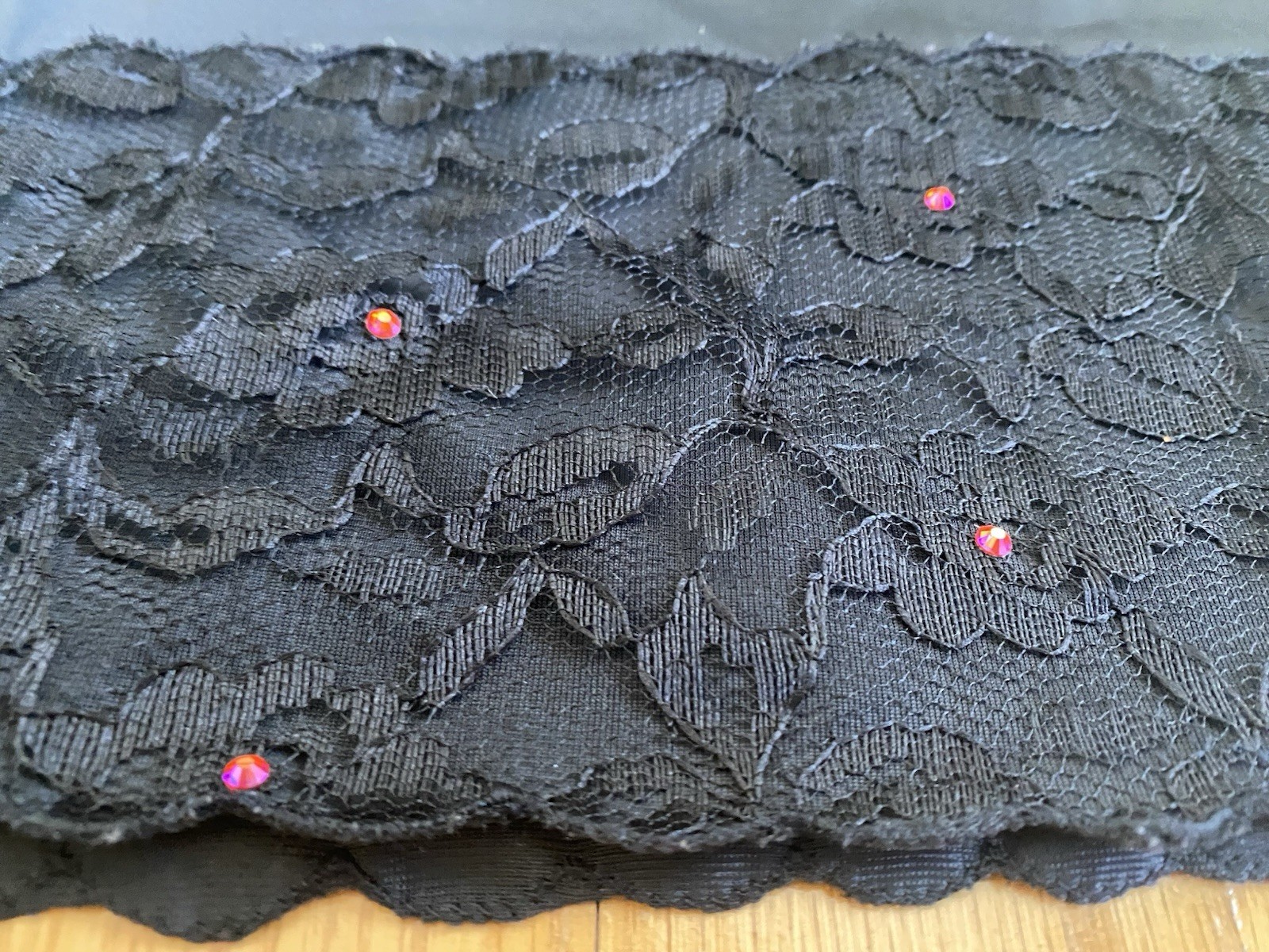 Vintage 60s Embellished Nylon Half Slip *Medium* BLACK Red Side Split Lace Slip