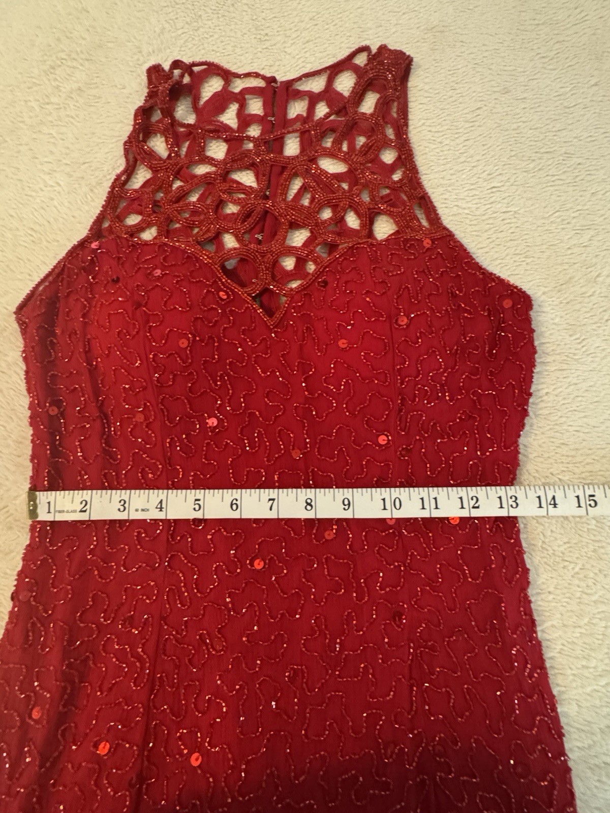 Sean Collection Vintage 90s Red Sequin Silk Gown Beaded Cage Back Formal L