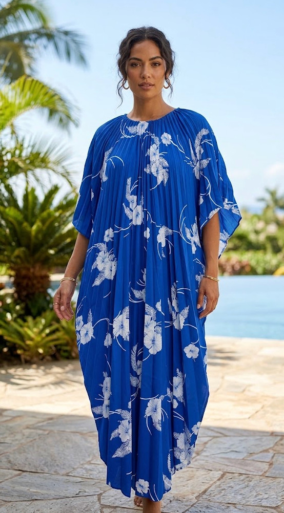 Vintage 70s 80s Royal Palm Hawaii Blue Pleated Kaftan Hibiscus Floral Dress
