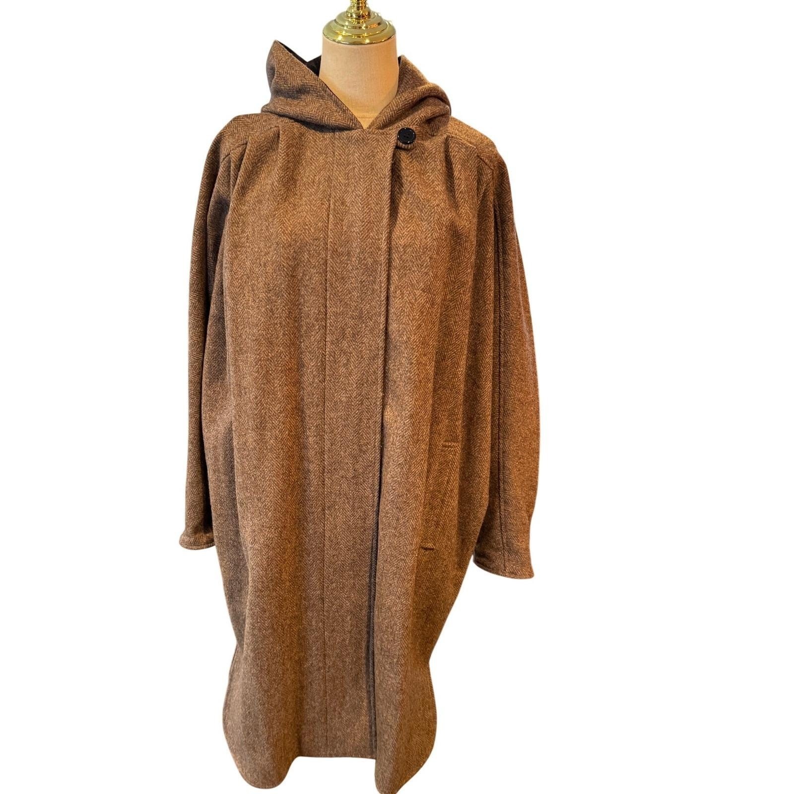 Central Park International Vintage Brown Herringbone Wool Blend Hooded Coat S