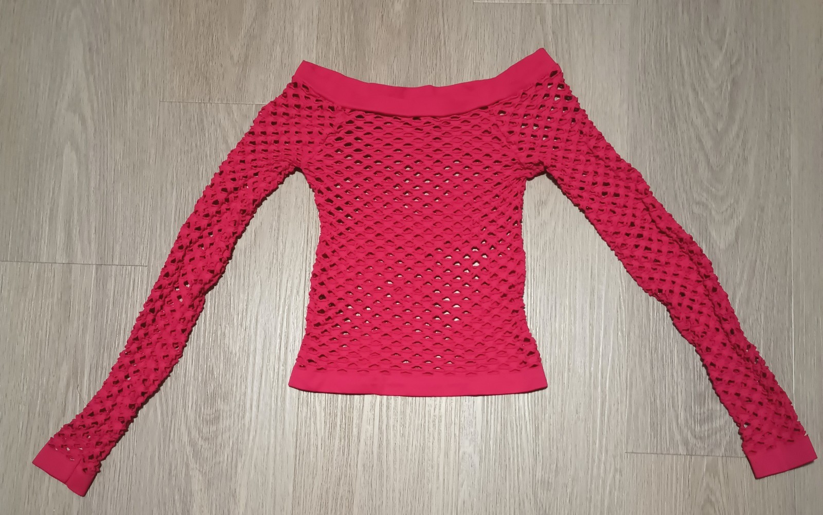 Vtg 80s Stretchy Mesh Fishnet Shredded Look Off Shoulder Red Top glam rock XS