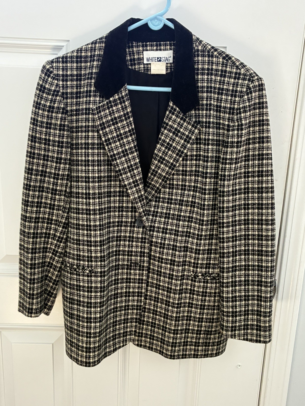 VTG sz 10 White Stag black & cream plaid Blazer Velveteen Collar Lined