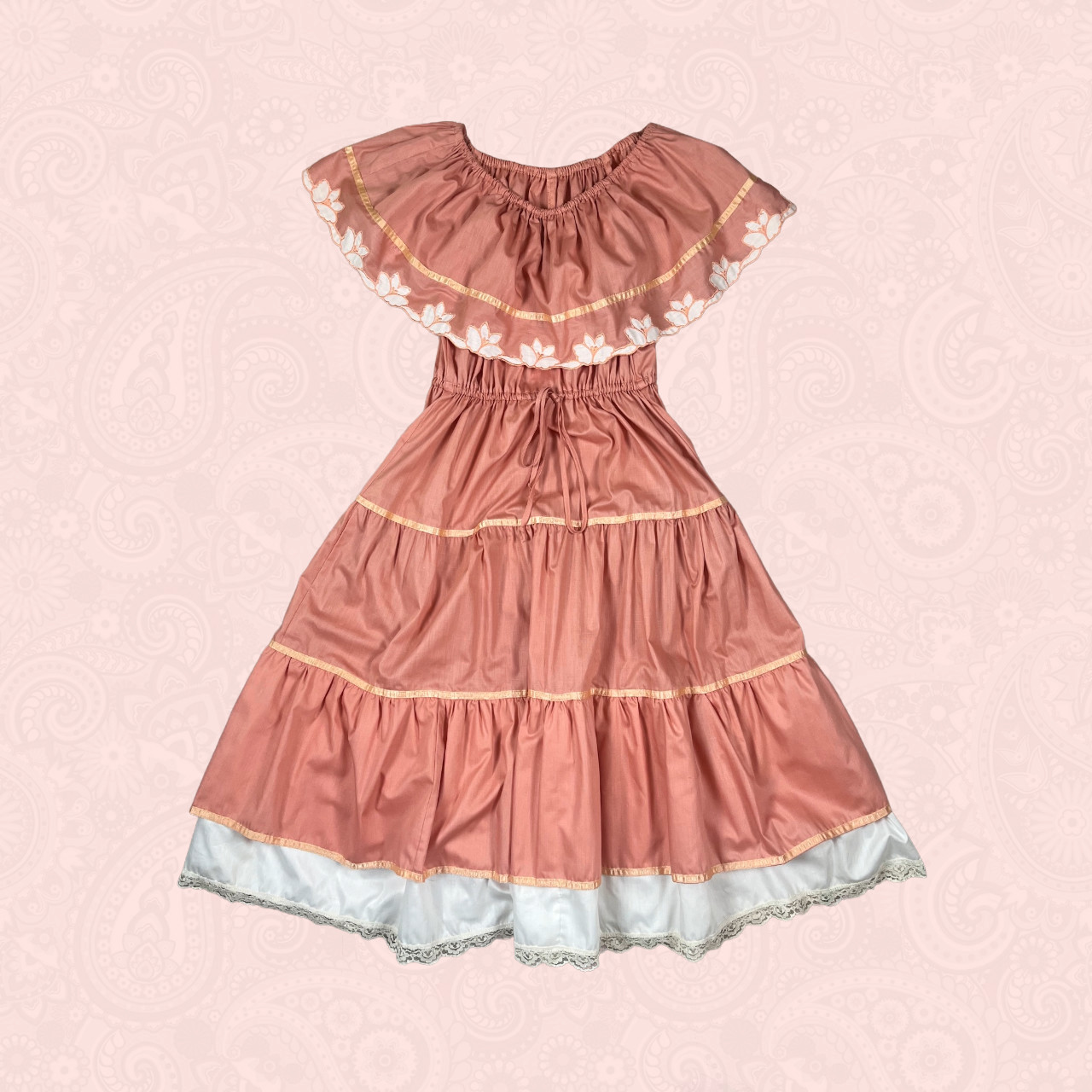 Vintage 70s Young Edwardian Arpeja Pink Off Shoulder Lace Midi Peasant Dress XS