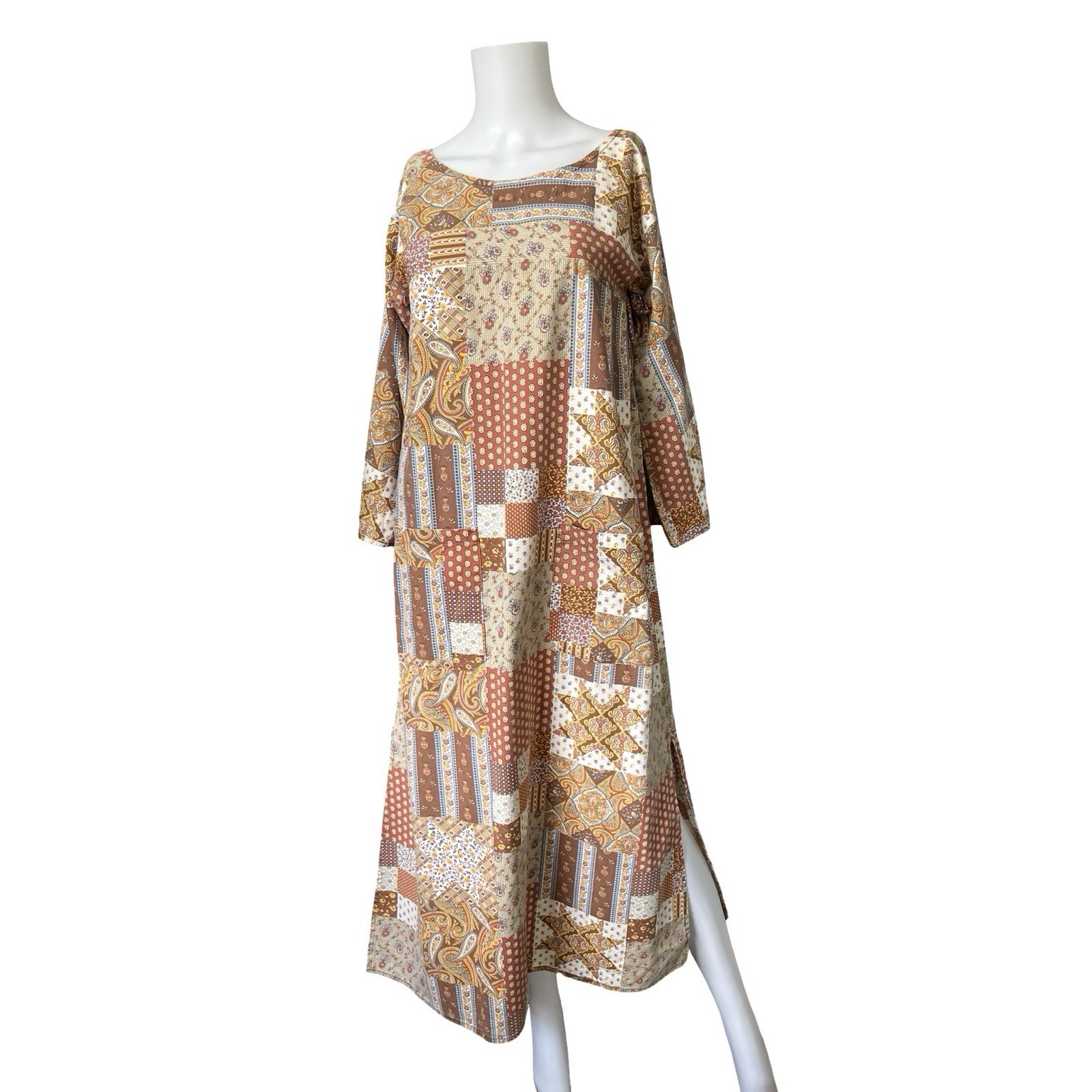 Vintage Handmade Midi Dress Long Sleeve Patchwork Quilt Print Boho Hippie Artsy