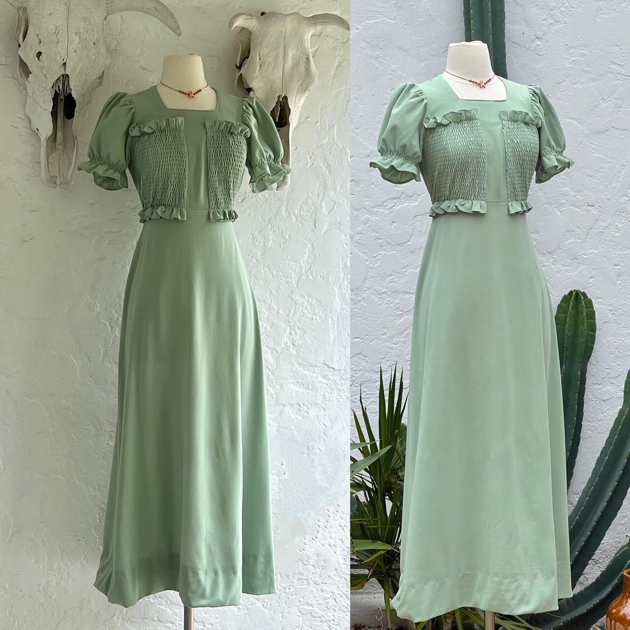 Vintage 1970s Green Olive Mint Long Maxi Dress Prairie Hippie Cottage Core Dress