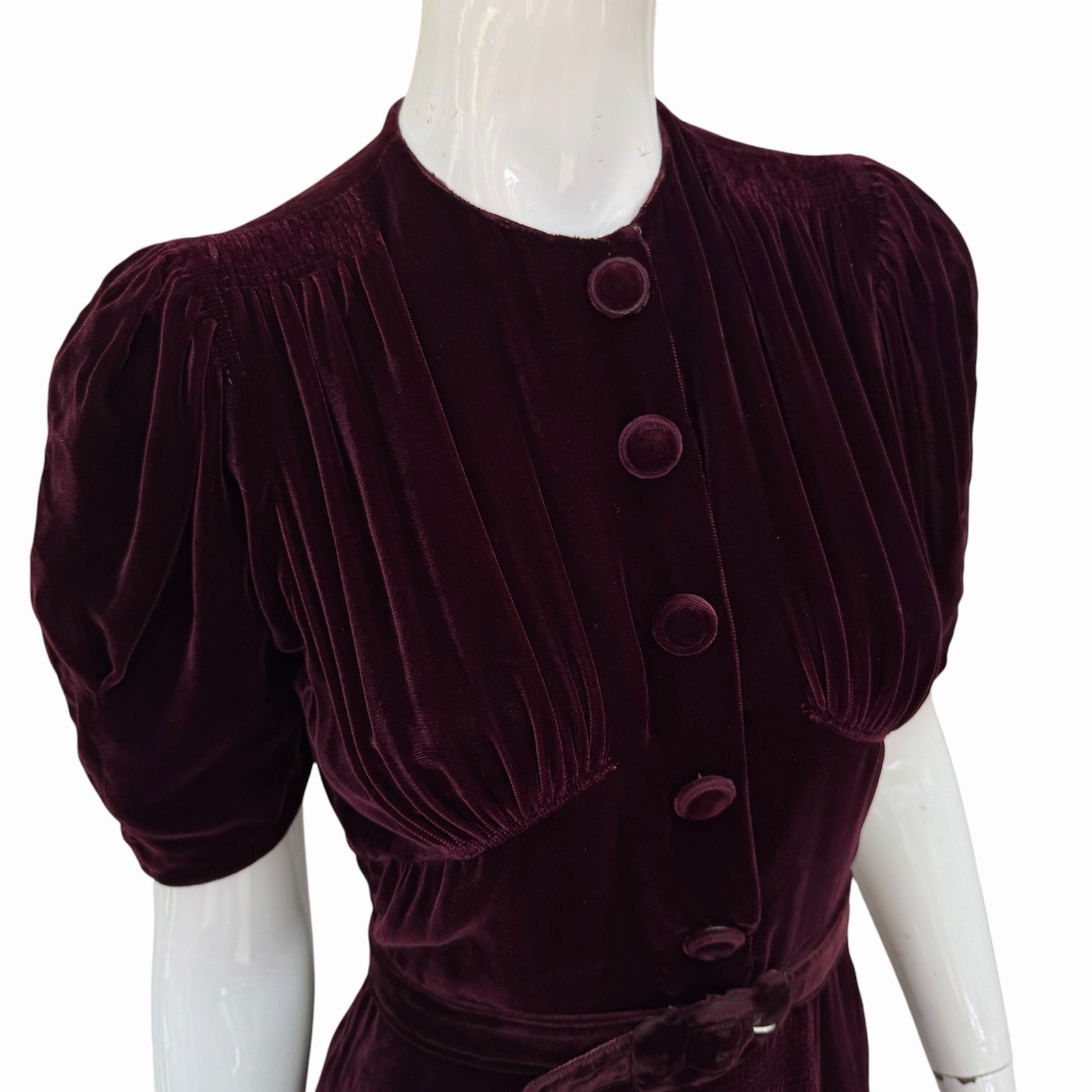Vintage 1930’s/40’s Wine Silk Velvet Shirred Dress, XSmall