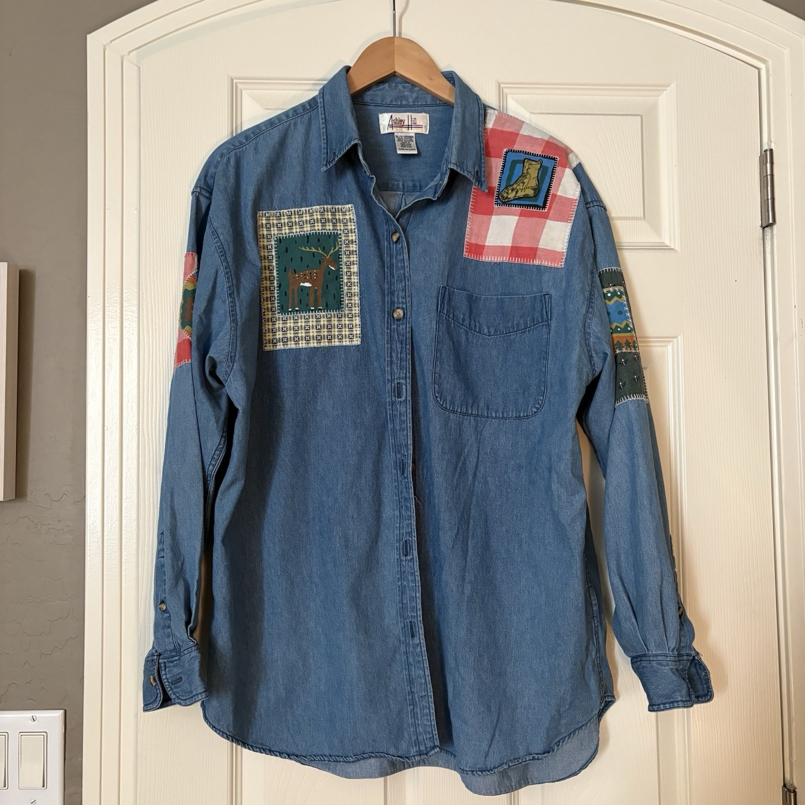 ASHLEY HILL Vintage Denim Patchwork Shirt Size XL 100% Cotton 90s Button Down