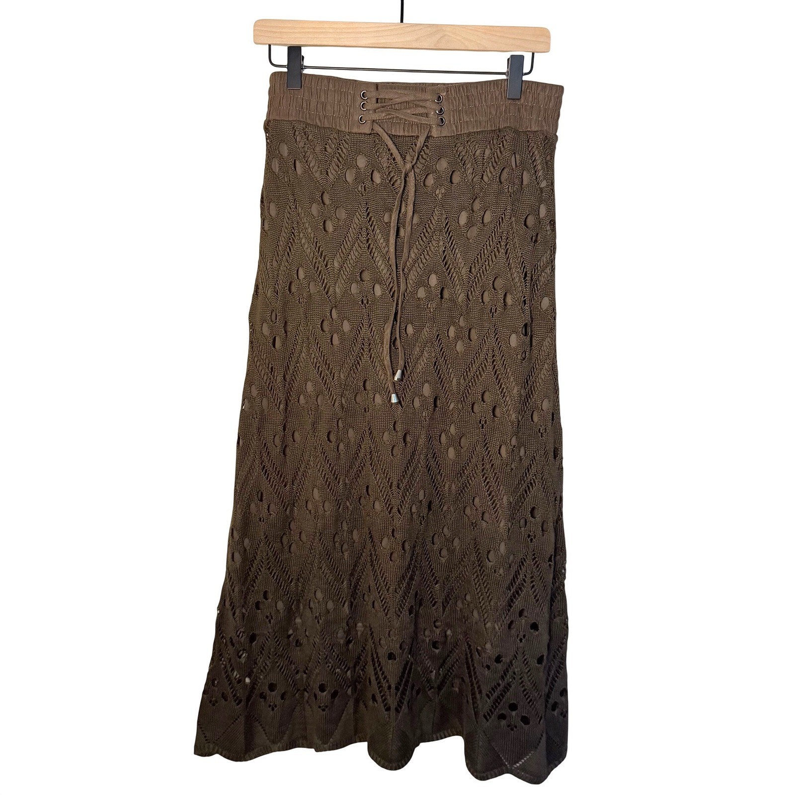 VTG Women’s LAPIS Brown 90s Crochet Woven Skirt Beach Boho Tie Front SZ M MAXI