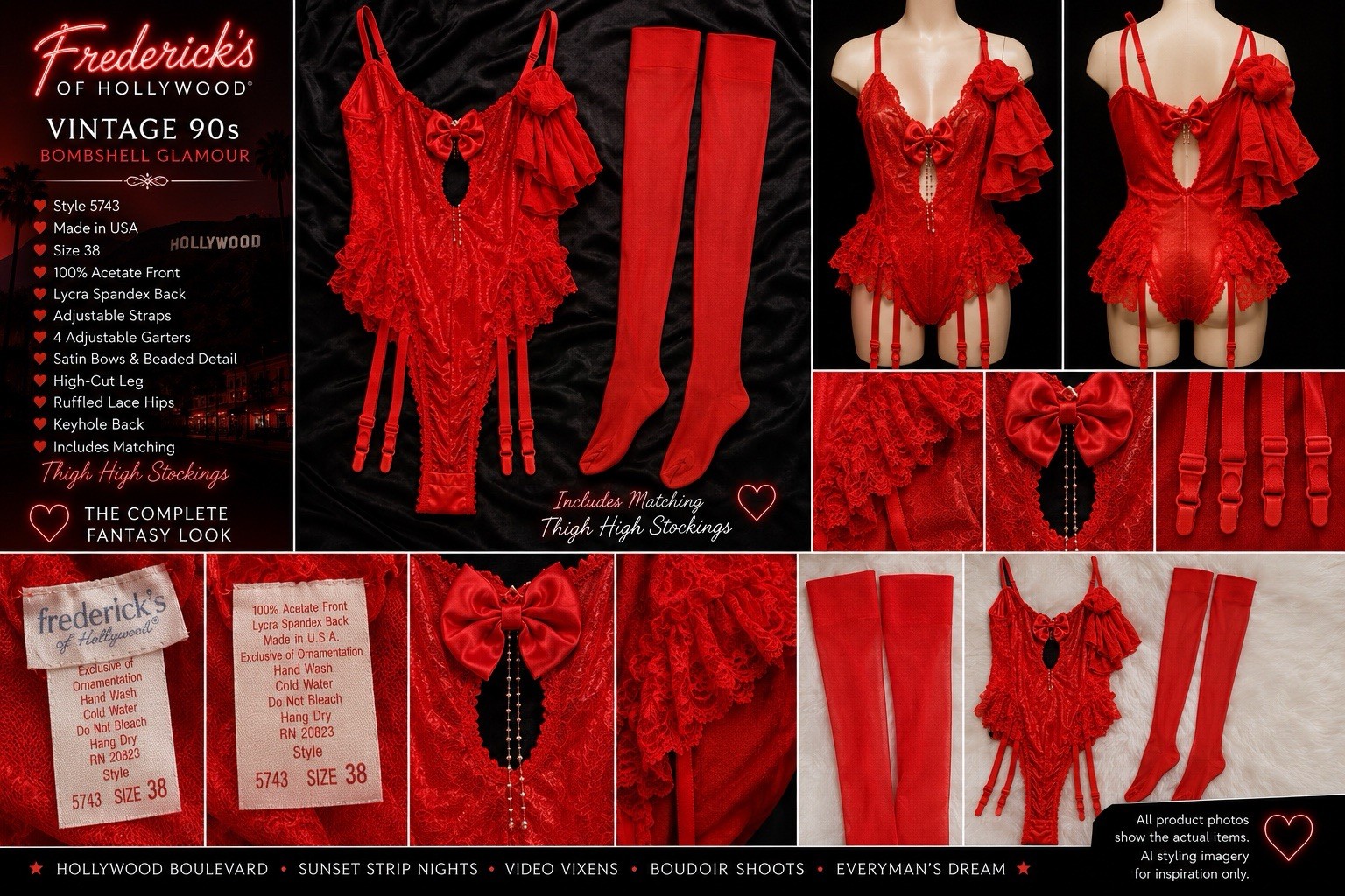 Vtg 80s Frederick’s Hollywood Red Lace Teddy Garter Lingerie USA 38 Pinup Vixon