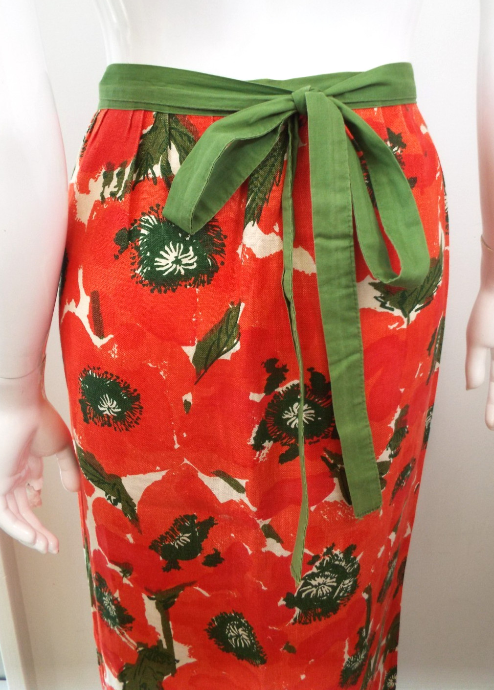 VTG Vera Neumann Cotten Linen Hostess Wrap Skirt PERFECT Poppy Red Green Floral