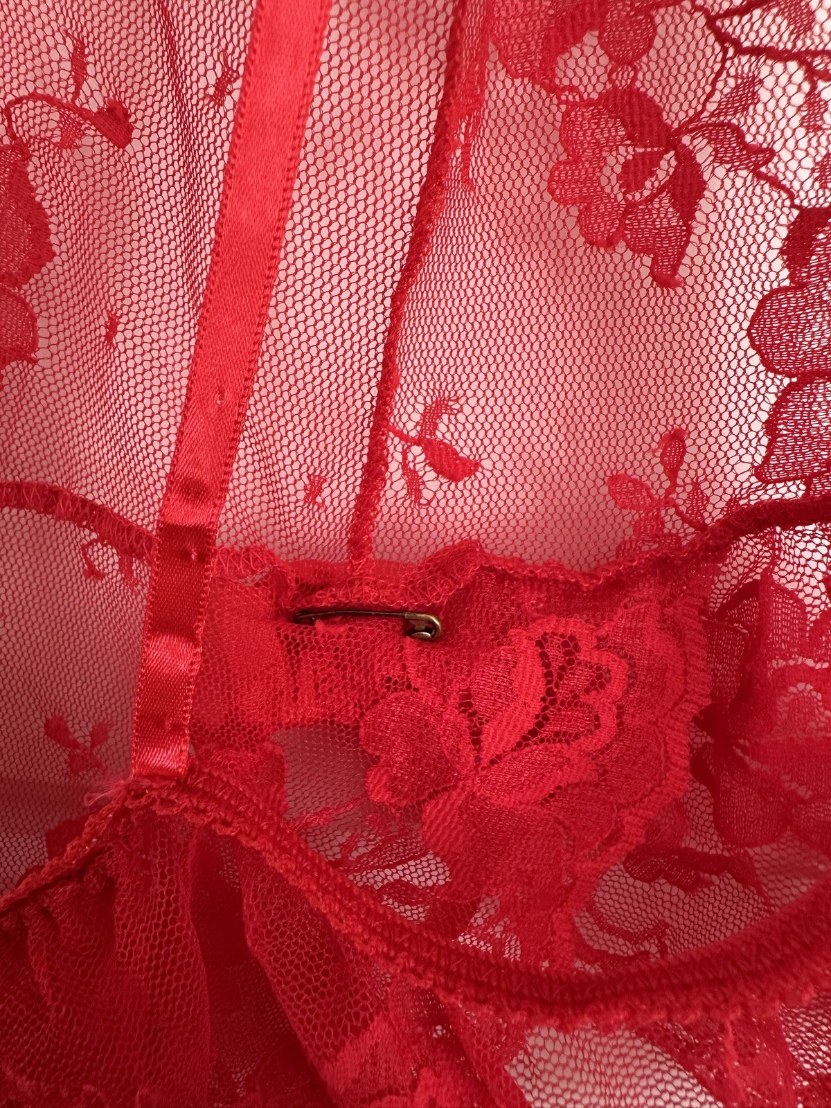 Vintage sexy lingerie sheer lace red teddy snap closure M bodysuit nylon