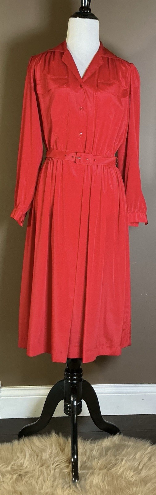 Vintage Andrea Gayle Red Button Long Sleeve Cinch Waist Belted Midi Dress Sz 8