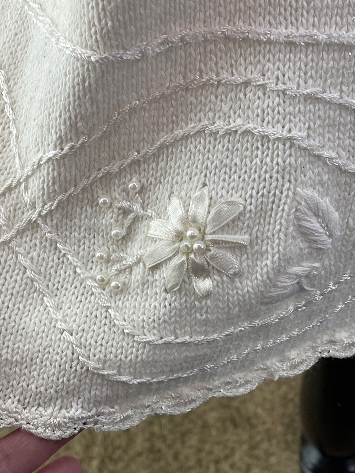 Bonnie and Bill Vintage Cream Scallop Edge Lace, Ribbon & Pearl Knit Sweater, 2X
