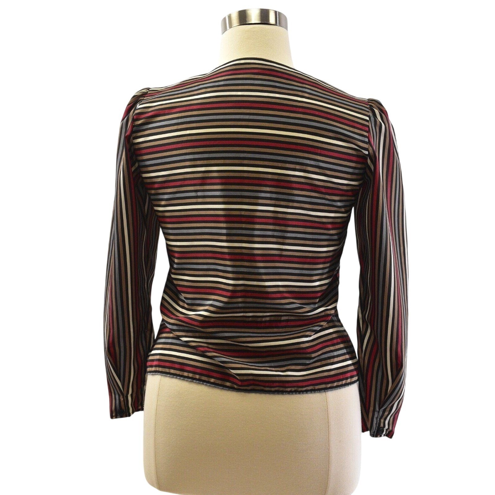 70s Vintage Square Neck Asymmetrical Blouse Satin Brown Striped Mod Secretary M