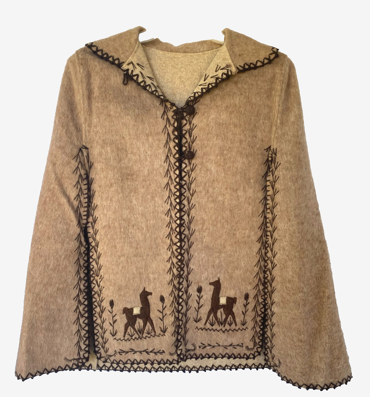 Vtg Alpaca Wool Blend Poncho Cape Llama Embroidered Hooded Boho S/M