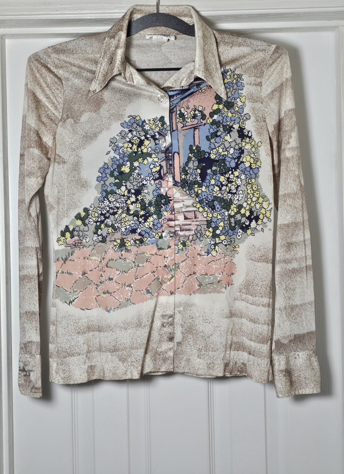College Town 70s Pointed Collar Shirt S/M Scenic Graphic Print Button Up