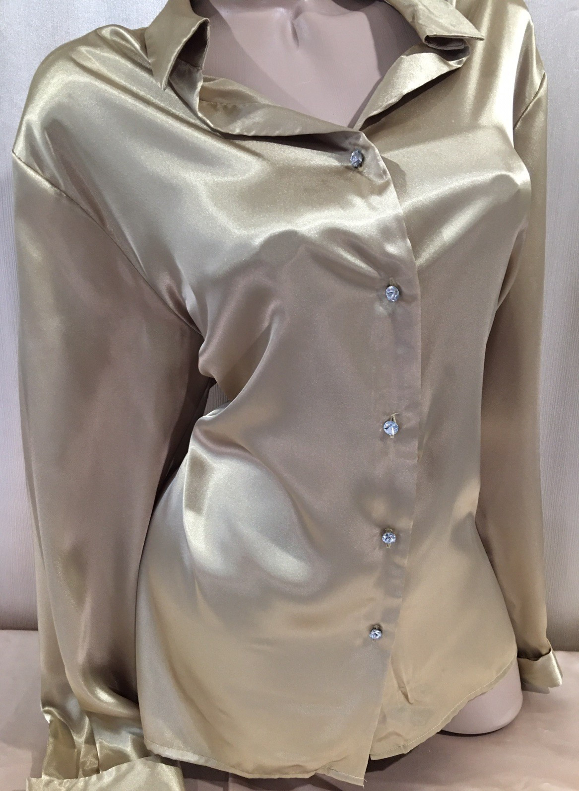 Vtg Gold Satin French Cuff Link Crystal Button Blouse Shirt Top 2X Bust 46 48