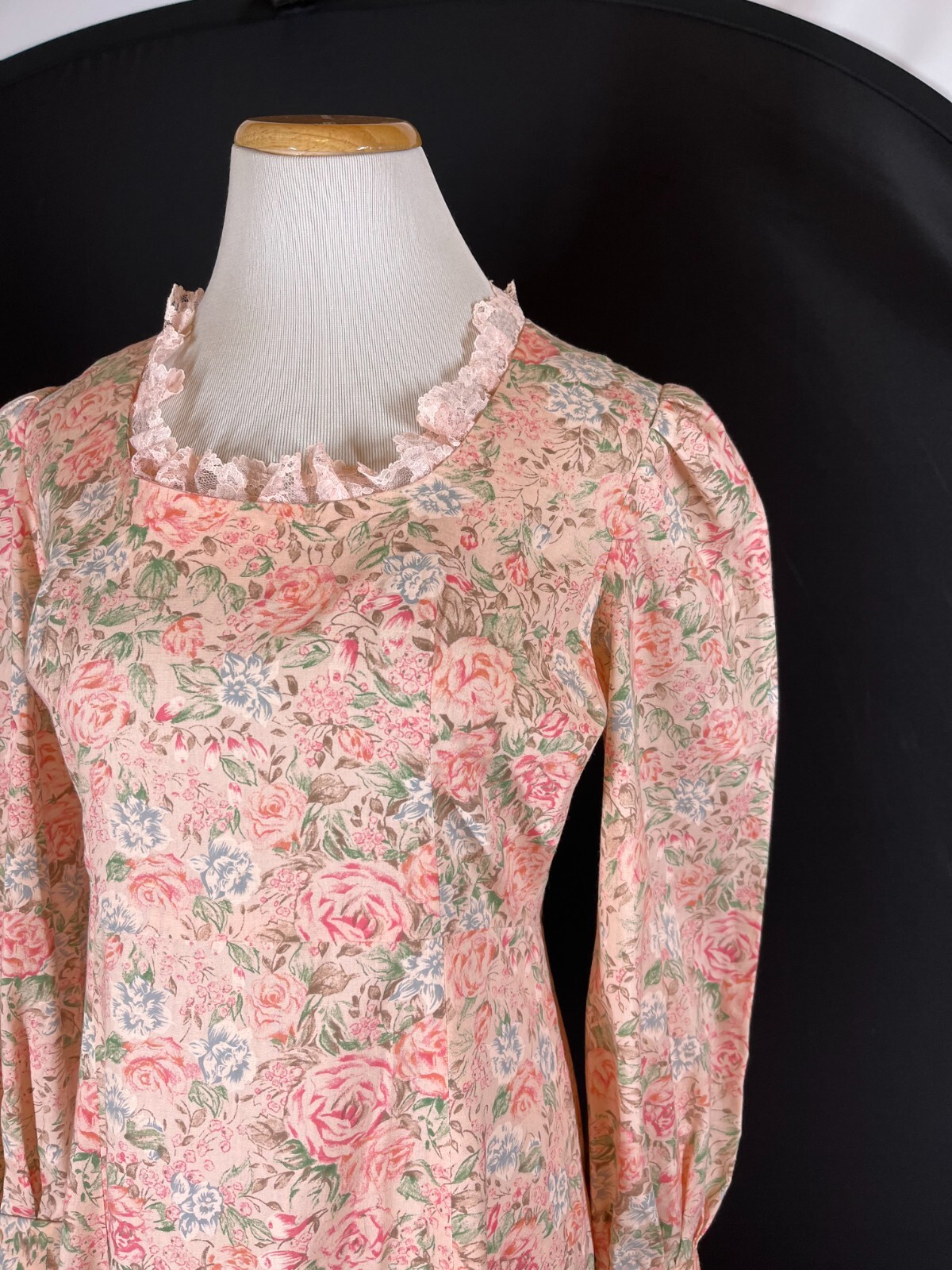 Vintage 70s or 80s Pink Dress High Waist Fitted Cuffs Puffed Sleeves Fits S