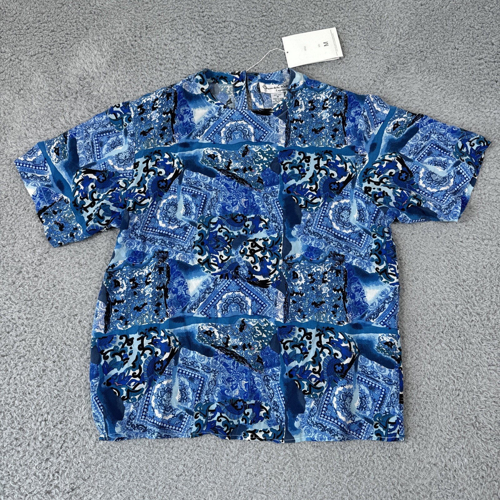 Vintage 90s Oscar de la Renta Expressions Silk Short Sleeve Shirt Sz M Blue NWT