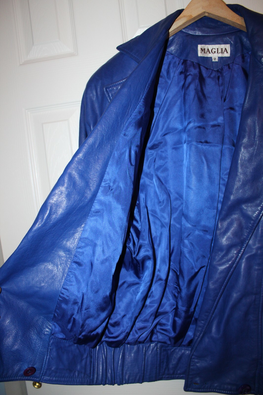 Vintage 80s MAGLIA Electric Blue Soft Leather Bomber Jacket Coat Women’s Size 2