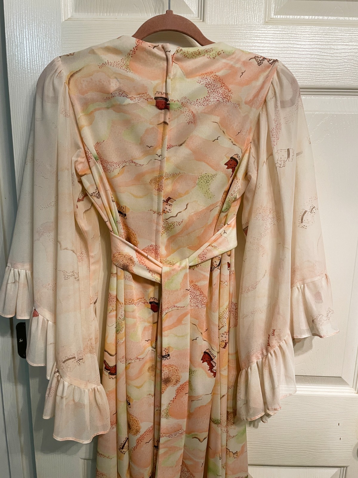 Vtg Sears Fashion 70s Hippie Maxi Dress Flowy Butterfly Wing Sleeve Polyester 12