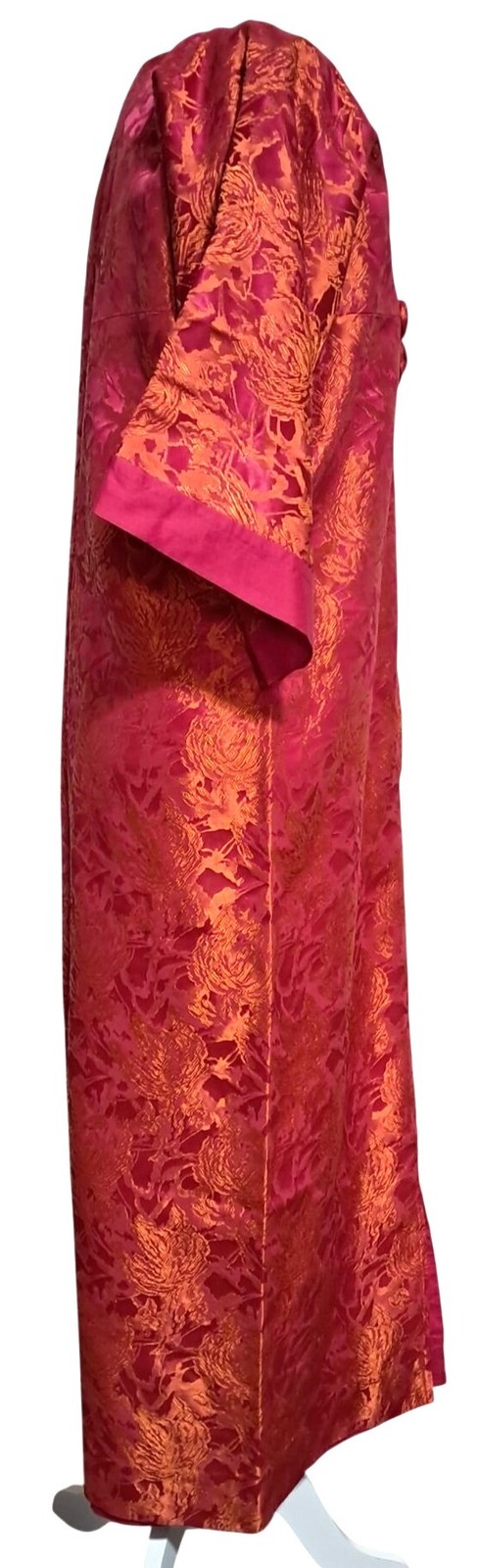 Vintage Pink & Orange Brocade Kimono Dress With Mandarin Collar Frog Buttons Hel
