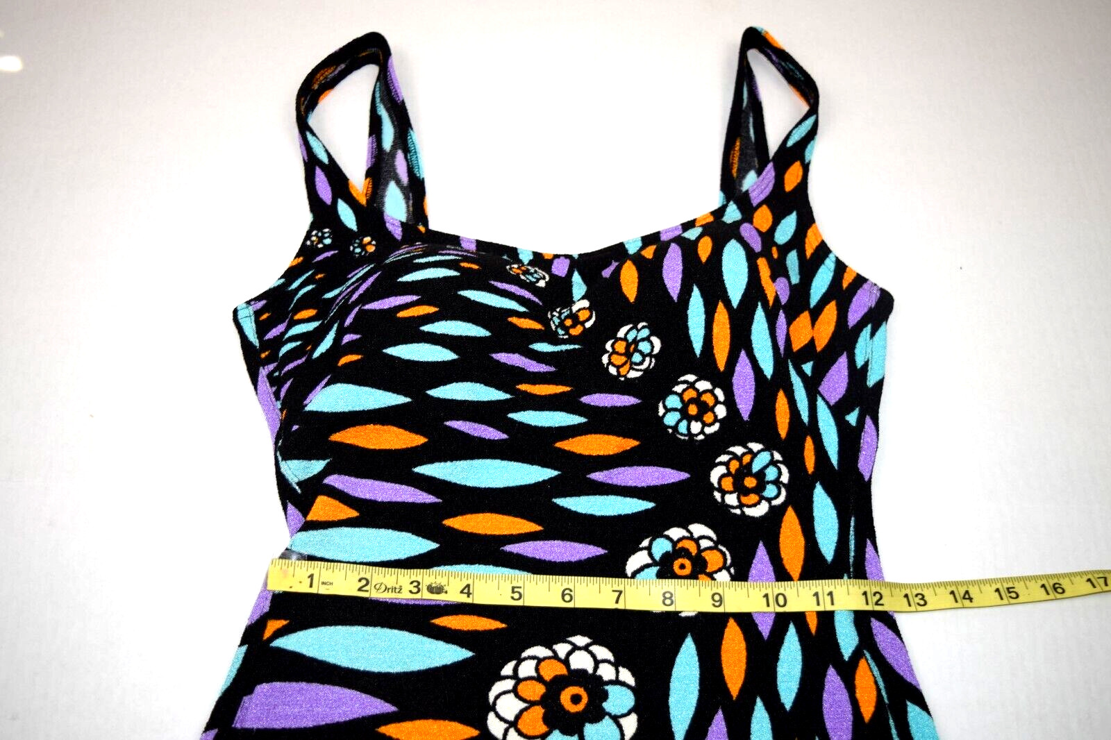 Vintage Swimsuit Gottex Size S/M 60s Fluorescent Mod Floral Surfboard Shapes