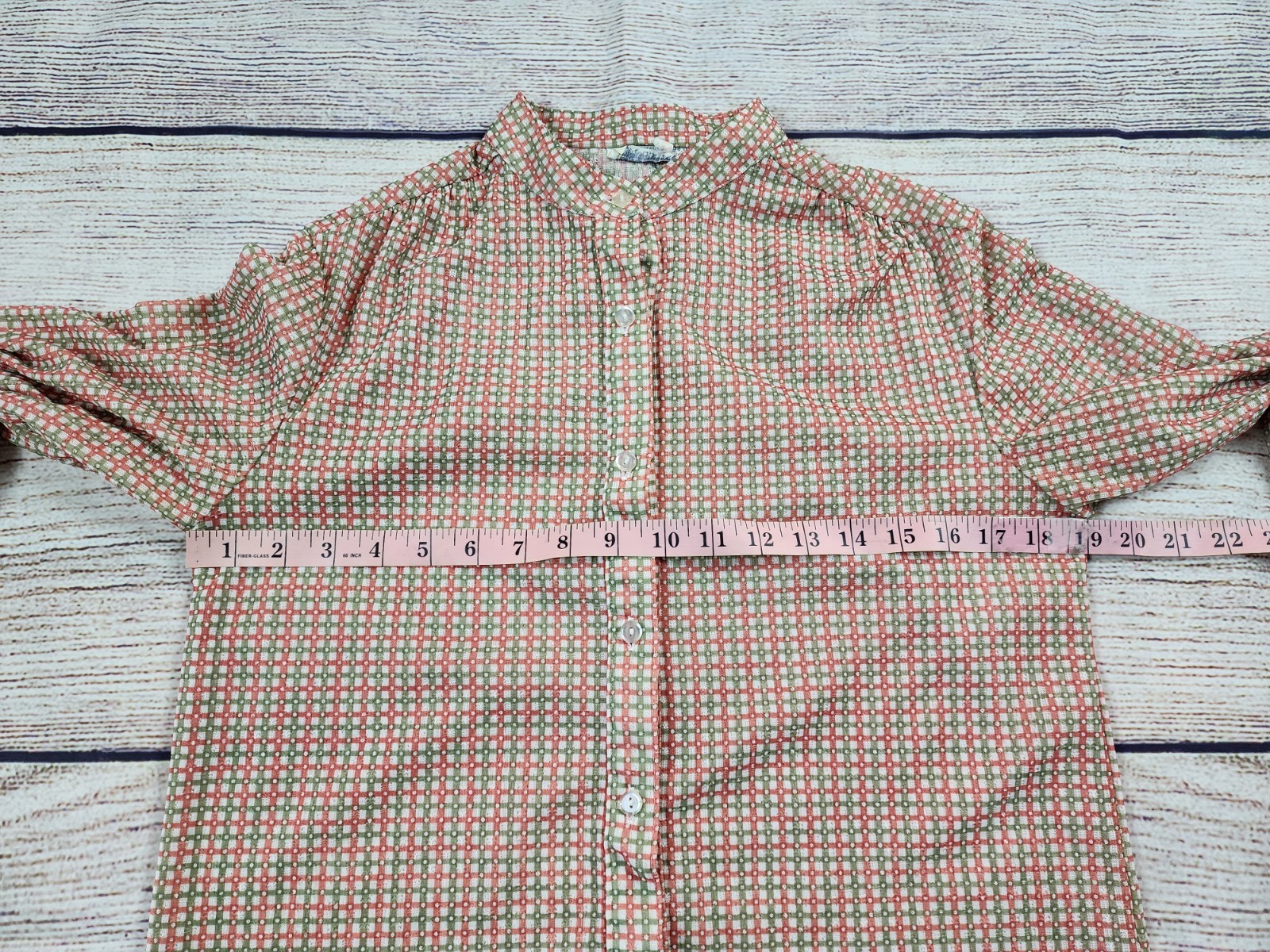 VTG 70s Sears Knit Boutique Large Green Pink Checkered Button Up Shirt Prairie