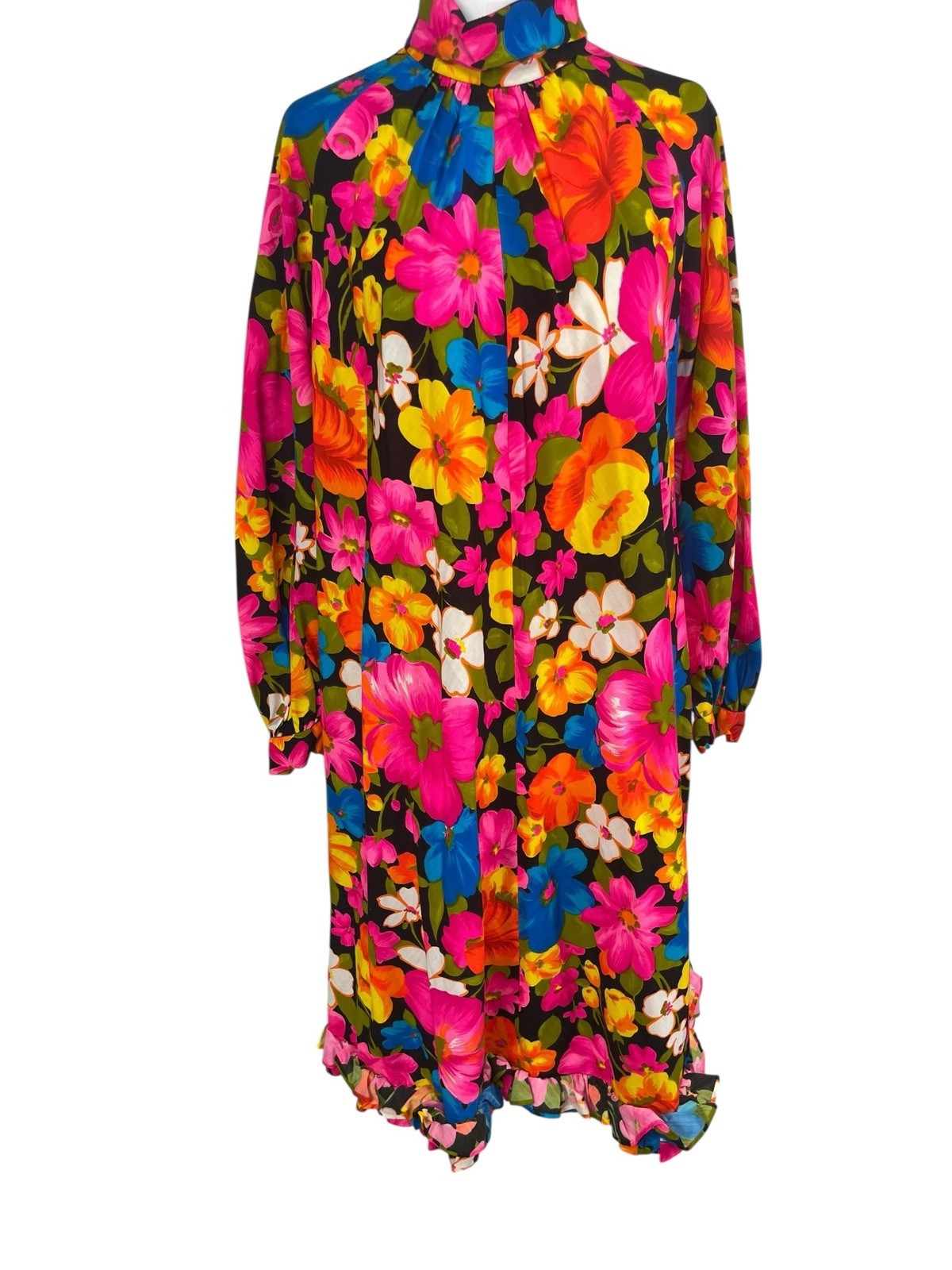 70’s Sun Fashions Honolulu Hawaii Dress M Hawaiian Floral Turtleneck Retro