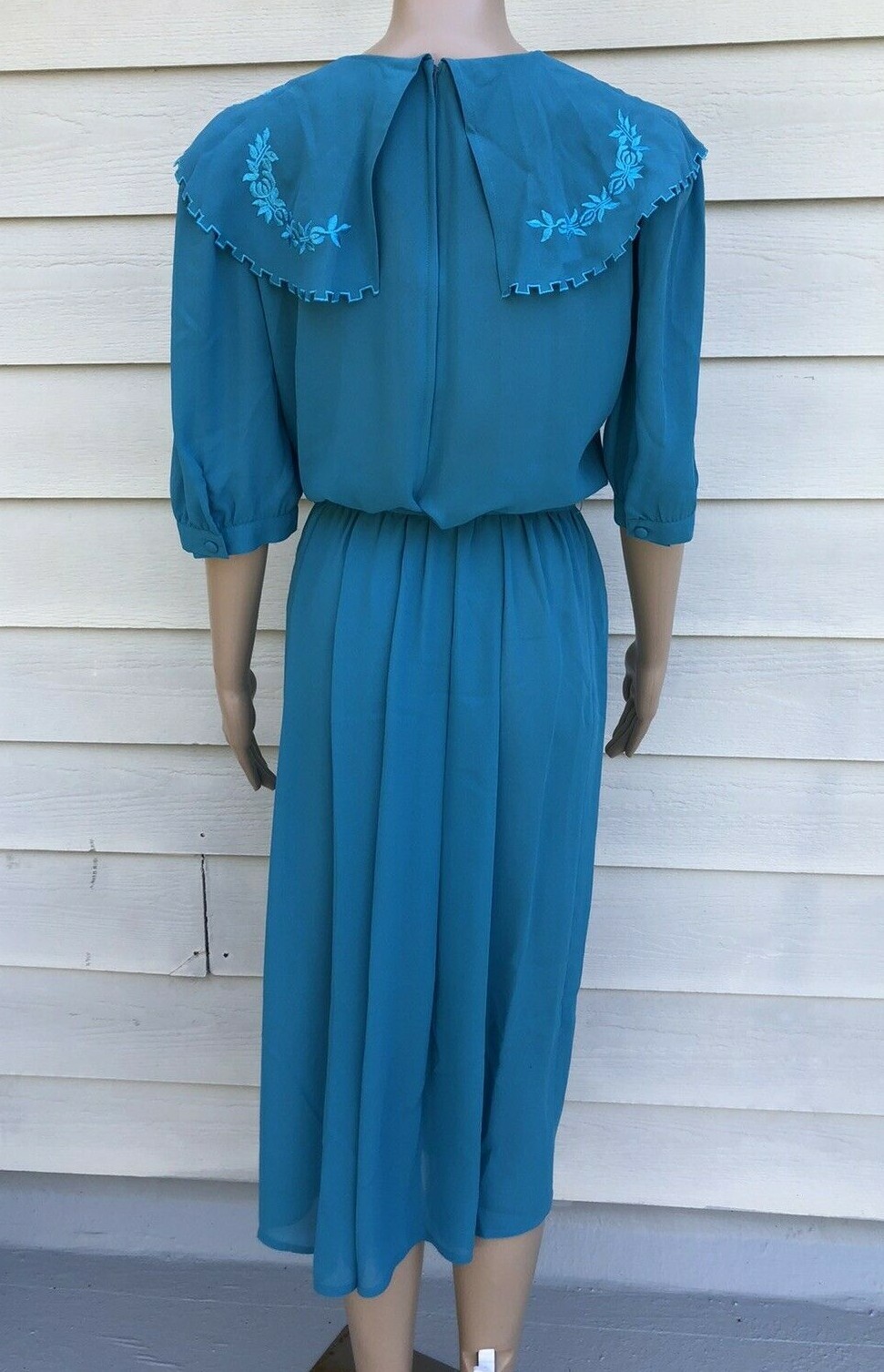 Vtg Billy Jack for Her 11/12 Blue Floral Embroidered Blouson Sheer Belted Dress