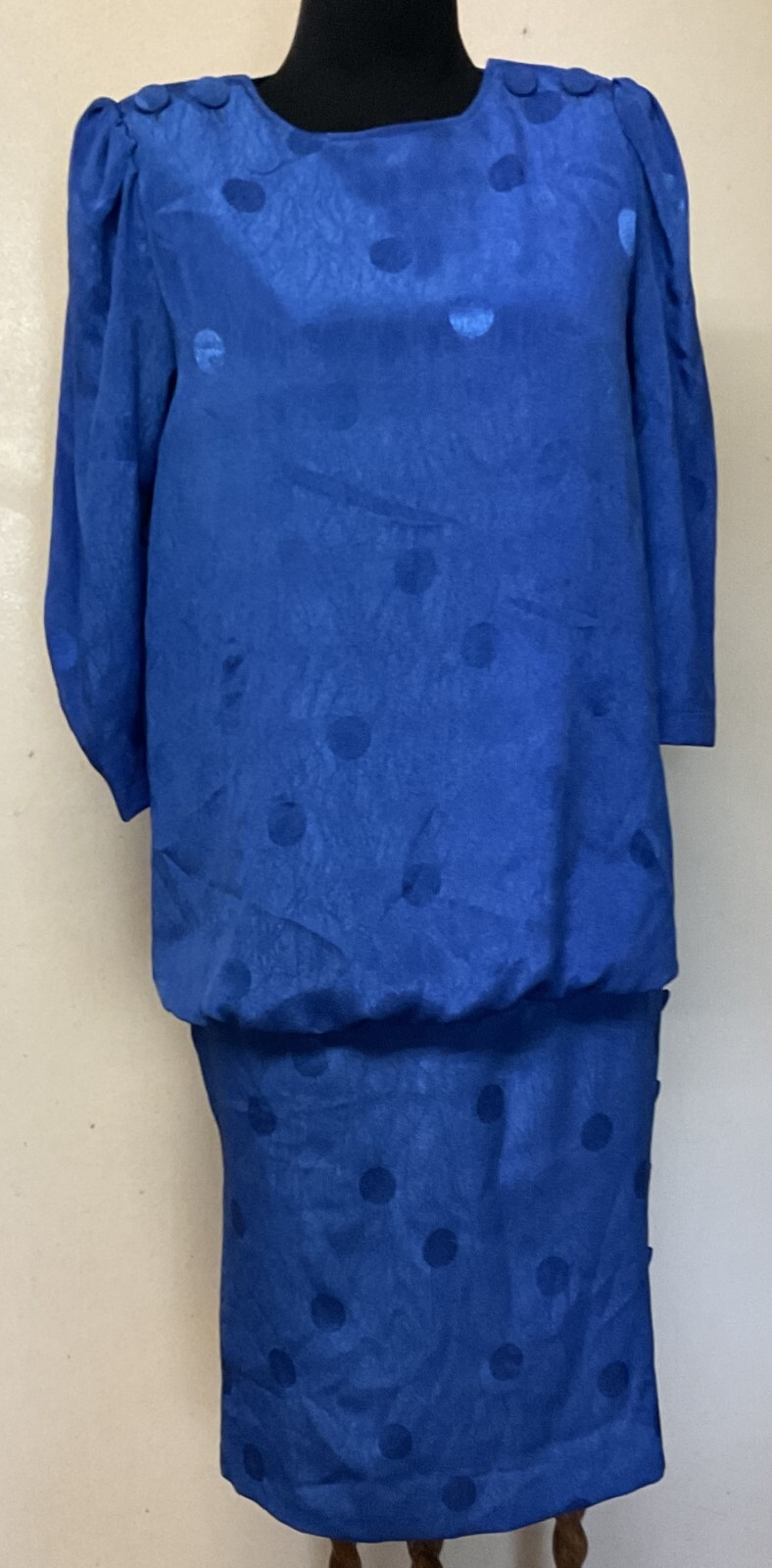 Vintage Electric Blue Polka Dot Dress 3/4 Sleeve by Stuart Alan Size Medium