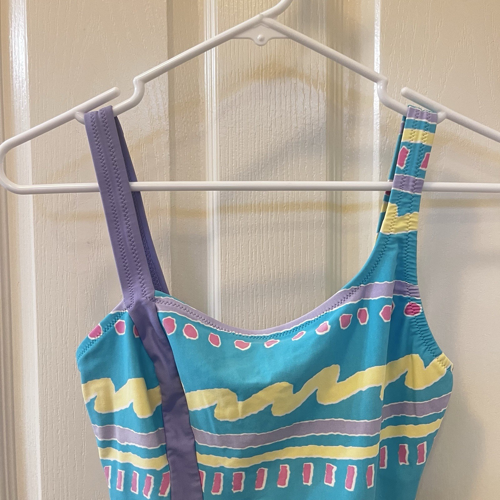 Vintage JAG One Piece Swimsuit Aqua Purple Pastel Abstract High Cut 80s Size 10