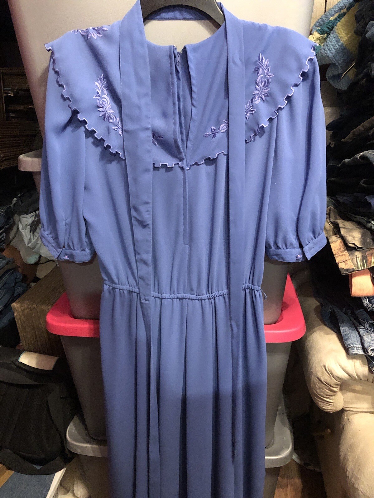 Vtg Billy Jack for Her 11/12 Blue Floral Embroidered Blouson Sheer Belted Dress